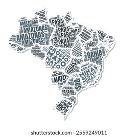 Brazil shape text cloud. Country border with shadow on white background. Brazil with states division in vintage gazette style. Beautiful vector illustration.