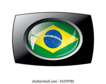 Brazil shiny button flag with black frame -  vector illustration. Isolated abstract object against white background.