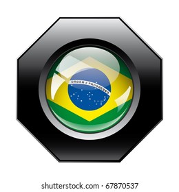 Brazil shiny button flag with black frame -  vector illustration. Isolated abstract object against white background.