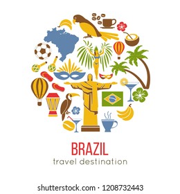 Brazil sightseeing landmarks and famous vector travel attractions poster.