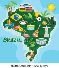Brazil sightseeing map. Hot Latin American country with flamingos, palm trees, carnival and football. Cultural or national symbols. Travel destinations and tourism. Cartoon flat vector illustration