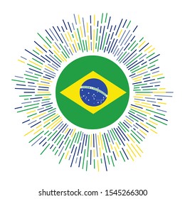 Brazil sign. Country flag with colorful rays. Radiant sunburst with Brazil flag. Vector illustration.