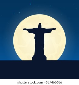 Brazil silhouette of attraction. Travel banner with moon on the night background. Trip to country. Travelling illustration
