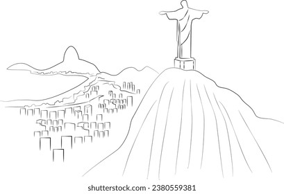 Brazil sketch. Landscape with a statue of Jesus. Vector hand drawn illustration