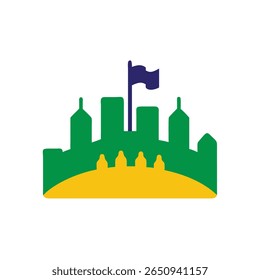 Brazil skyline with green buildings yellow base blue flag on Proclamação Republica