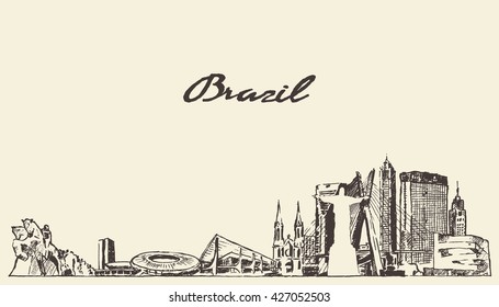 Brazil skyline, vintage vector engraved illustration, hand drawn, sketch