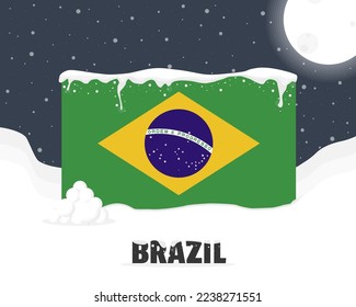Brazil snowy weather concept, cold weather and snowfall, Brazil weather forecast winter banner idea, snow cap on flag with snowballs and moon, blizzard and adverse weather conditions