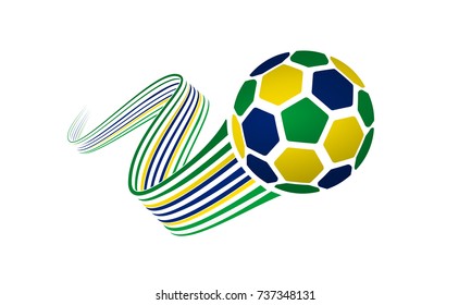 Brazil soccer ball isolated on white background with winding ribbons on green, yellow and blue colors