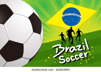 brazil soccer card - soccer player and ball on green field background with brazilian flag vector illustration