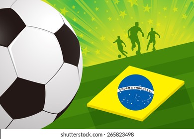 brazil soccer card - soccer player and ball on green field background with brazilian flag vector illustration