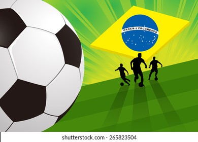 brazil soccer card - soccer player and ball on green field background with brazilian flag vector illustration