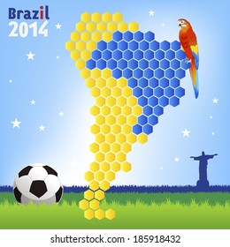 Brazil soccer concept - red macaw and map of  Latin America, accentuating Brazil area.