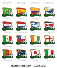 brazil soccer cup 2014 icons with flags isolated on white, groups a to d.