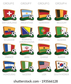 brazil soccer cup 2014 icons with flags isolated on white, groups e to h.