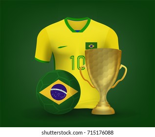 Brazil soccer jersey shirt football and trophy cup on green backdrop. Concept for match tournament result background in vector illustrative