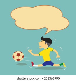 Brazil soccer player running after ball with blank balloon above for fill some words