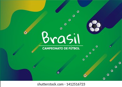 "Brazil Soocer Championship" text in spanish. Brazilian background with organic figures and soccer balls. Ready to use in presentations, social media, banners, posters and flyers.