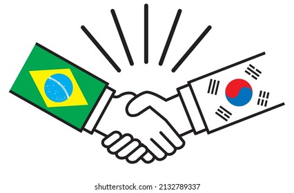 Brazil and South Korea, handshakes with national flags. Image illustrations of wars, conflicts, alliances, reconciliations, agreements between nations, icons.