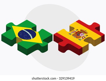 Brazil and Spain Flags in puzzle isolated on white background