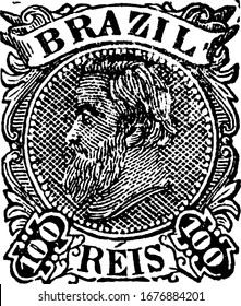 Brazil Stamp (100 reis) from 1882-1885, a small adhesive piece of paper was stuck to something to show an amount of money paid, mainly a postage stamp, vintage line drawing or engraving illustration.