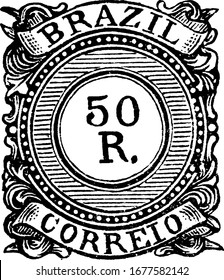 Brazil Stamp (50 R) from 1887-1888, a small adhesive piece of paper was stuck to something to show an amount of money paid, mainly a postage stamp, vintage line drawing or engraving illustration.