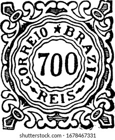 Brazil Stamp (700 reis) from 1887-1888, a small adhesive piece of paper was stuck to something to show an amount of money paid, mainly a postage stamp, vintage line drawing or engraving illustration.