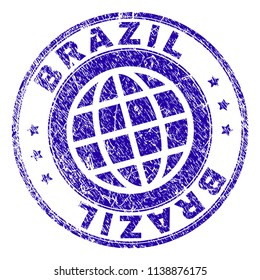 BRAZIL stamp imprint with distress style. Blue vector rubber seal imprint of BRAZIL label with dust texture. Seal has words arranged by circle and globe symbol.