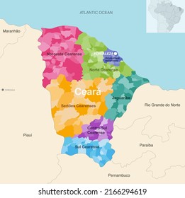 Mapa administrativo de Ceara, estado de Brasil, que muestra municipios coloreados por regiones (mesorregiones)