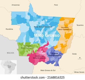 Mapa administrativo del estado brasileño de Mato Grosso que muestra municipios coloreados por regiones estatales (mesorregiones)