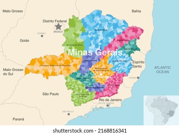 Brazil state Minas Gerais administrative map showing municipalities colored by state regions (mesoregions)