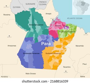 Brazil state Para administrative map showing municipalities colored by state regions (mesoregions)