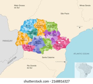 Mapa administrativo del estado de Paraná de Brasil que muestra las municipalidades coloreadas por regiones del estado (mesorregiones)