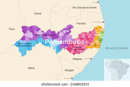 Mapa administrativo de Pernambuco, estado de Brasil, que muestra municipios coloreados por regiones estatales (mesorregiones)