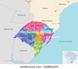 Brazil state Rio Grande do Sul administrative map showing municipalities colored by state regions (mesoregions)