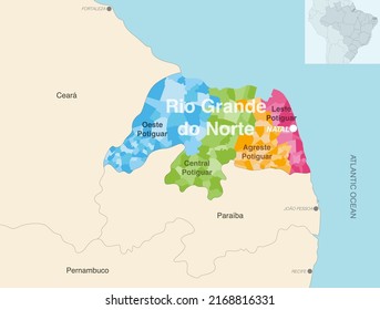 Brazil state Rio Grande do Norte administrative map showing municipalities colored by state regions (mesoregions)