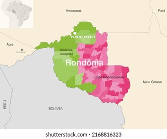 Mapa administrativo de Rondonia, estado de Brasil, que muestra municipios coloreados por regiones estatales (mesorregiones)