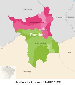 Brazil state Roraima administrative map showing municipalities colored by state regions (mesoregions)