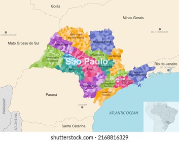 Brazil state Sao Paulo administrative map showing municipalities colored by state regions (mesoregions)