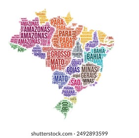 Brazil state word cloud. Country shape design. Brazil colored illustration. State names collage cloud. Vector illustration.