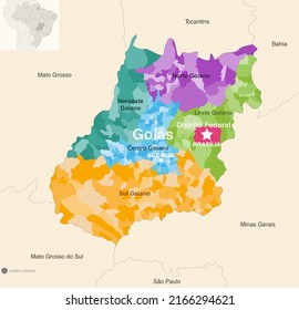 Brazil states Goias and Distrito Federal administrative map showing municipalities colored by state regions (mesoregions)