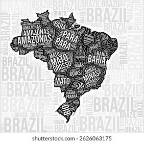 Brazil states map word cloud. Brazil region names. Black and white map design. Artistic vector illustration.