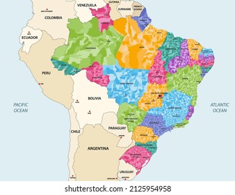 Brazil states and municipalities vector high detailed colored map with neighbouring countries and territories