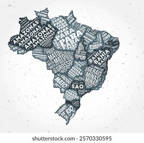 Brazil states word clouds. Country shape on textured background. Brazil design in typographic style. Retro vector illustration.