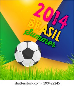 Vector brasileño de verano 2014, balón de fútbol para diseño de fútbol. Grass, Colores de la bandera brasileña.