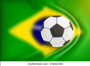 Brazil Summer 2014 Vector, Soccer Ball for Football Design. Blurred Brazil Flag with gathers for Background.