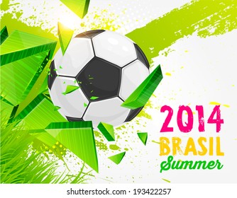 Brazil Summer 2014 Vector, Soccer Ball for Football Design. Abstract Green Background. Paint Splashes