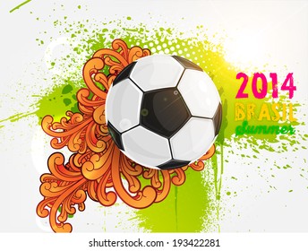 Brazil Summer 2014 Vector, Soccer Ball for Football Design. Paint Splashes and Floral Ornaments.