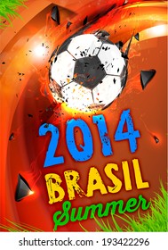 Brazil Summer 2014 Vector, Soccer Ball for Football Design. Ball Looks Like a Meteorite with Fire and Fragments