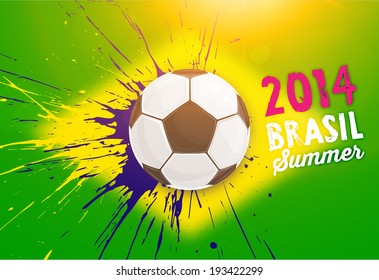 Brazil Summer 2014 Vector, Soccer Ball for Football Design. Blurred Brazil Flag for Background.