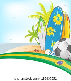 brazil summer background with surfboard and soccer ball